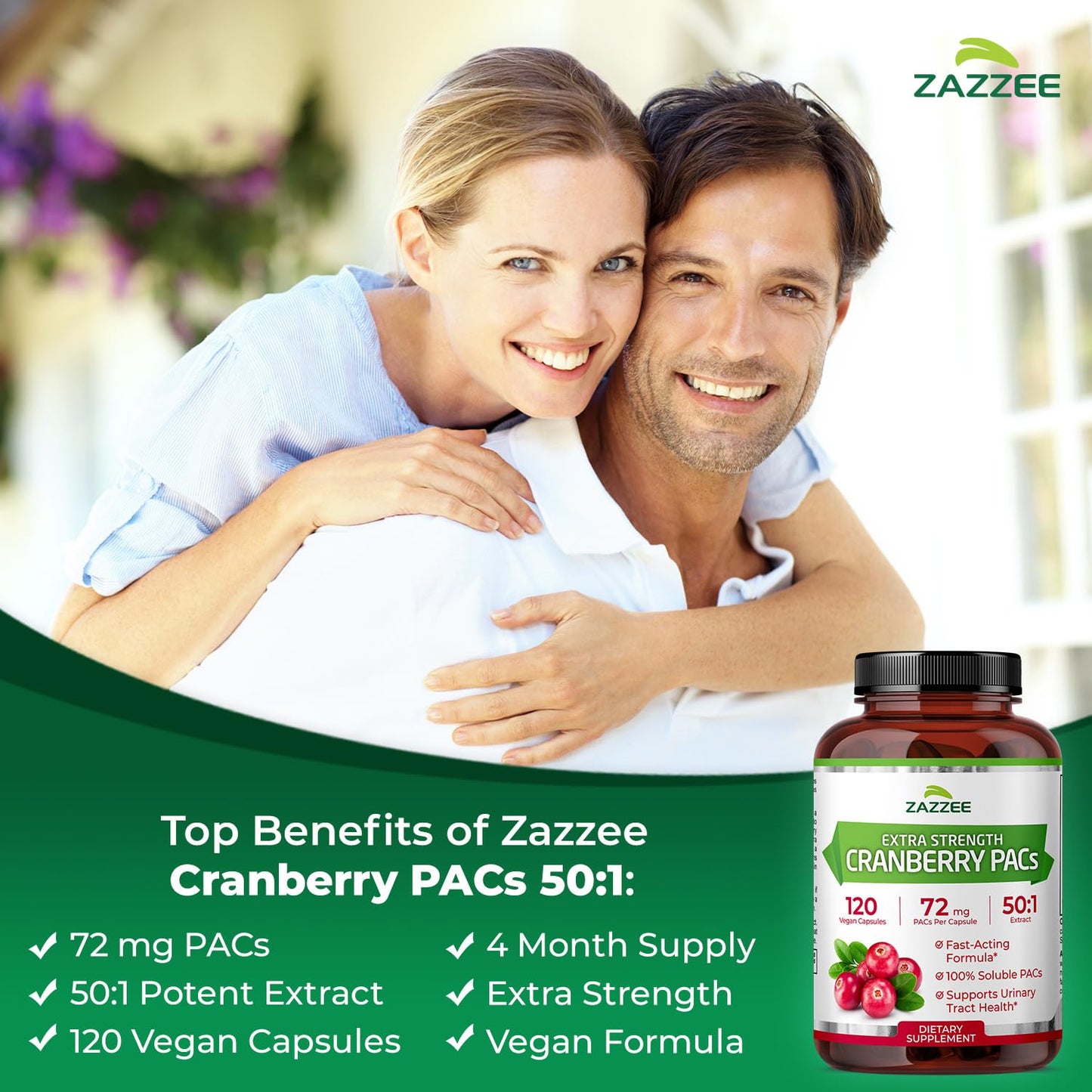 Zazzee Cranberry PACs 72 mg per Capsule, 50:1 Extract, 120 Vegan Capsules, 2X Strength, 4 Month Supply, Fast-Acting, Effective Urinary Tract & Bladder Support - Maple Wellness Supplements