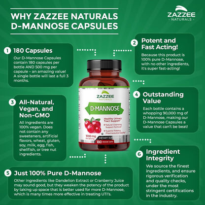 Zazzee D-Mannose, 1000 mg per Serving, 180 Vegan Capsules, 3 Month Supply, Potent - Maple Wellness Supplements