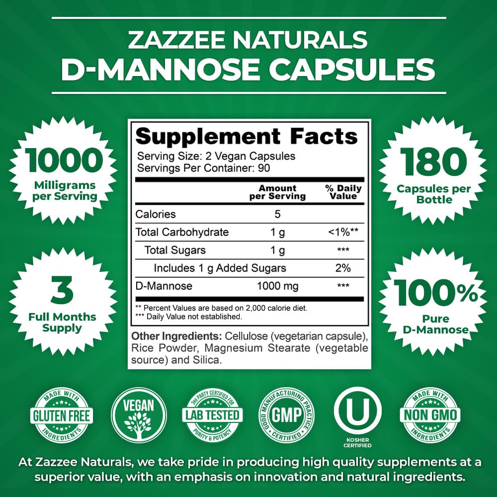 Zazzee D-Mannose, 1000 mg per Serving, 180 Vegan Capsules, 3 Month Supply, Potent - Maple Wellness Supplements