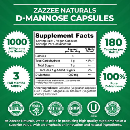 Zazzee D-Mannose, 1000 mg per Serving, 180 Vegan Capsules, 3 Month Supply, Potent - Maple Wellness Supplements