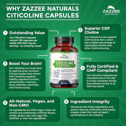 Zazzee Extra Strength Citicoline CDP Choline, 500 mg per Serving, 100 Vegan Capsules - Maple Wellness Supplements