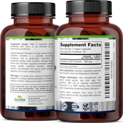 Zazzee Extra Strength Citicoline CDP Choline, 500 mg per Serving, 100 Vegan Capsules - Maple Wellness Supplements