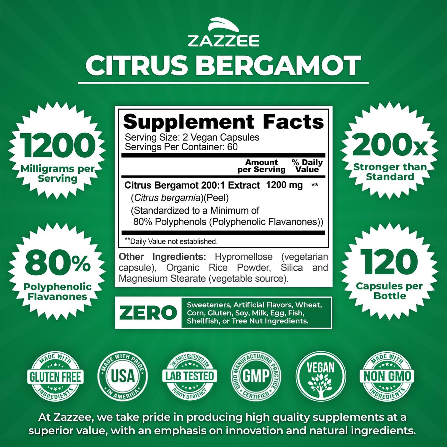 Zazzee Extra Strength Citrus Bergamot 200:1 Extract 1200 mg, 80% Polyphenols, 120 Vegan Capsules, Standardized 200X Potency - Maple Wellness Supplements