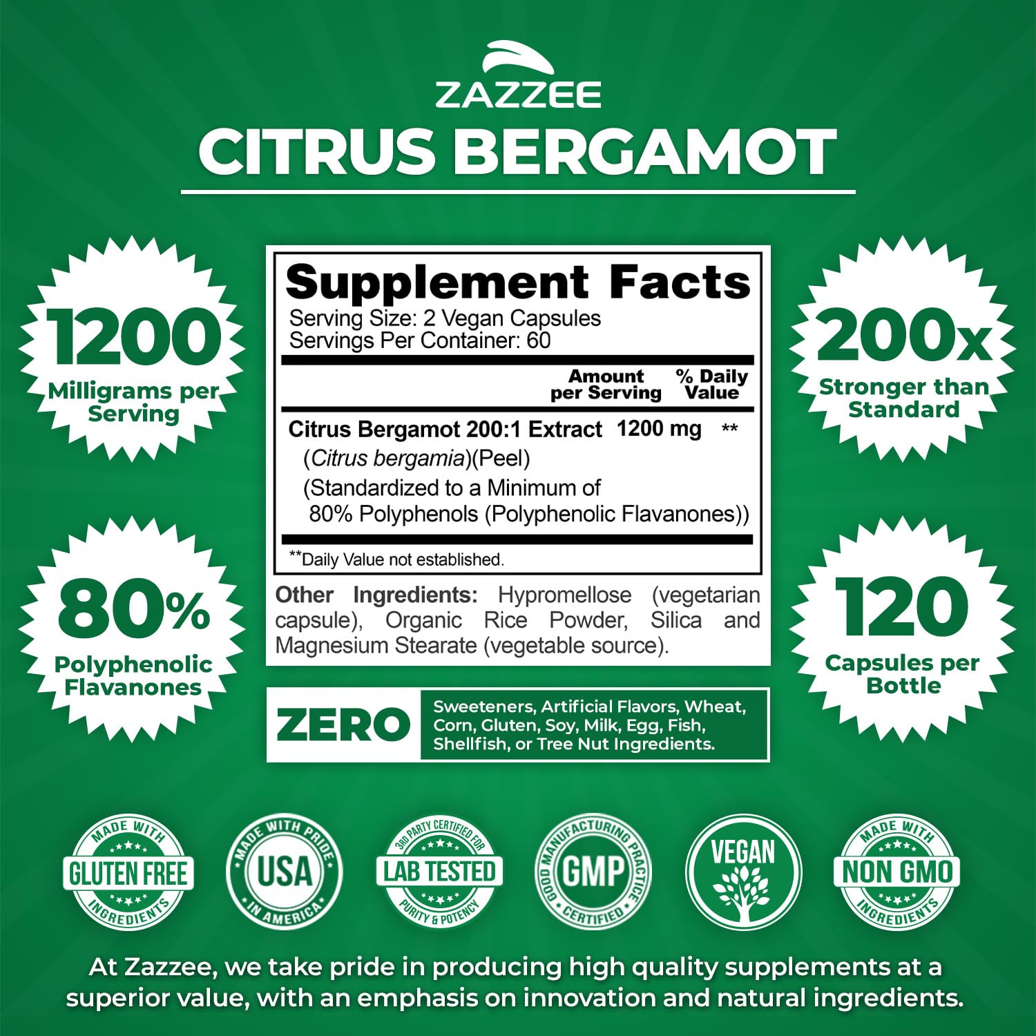Zazzee Extra Strength Citrus Bergamot 200:1 Extract 1200 mg, 80% Polyphenols, 120 Vegan Capsules, Standardized 200X Potency - Maple Wellness Supplements