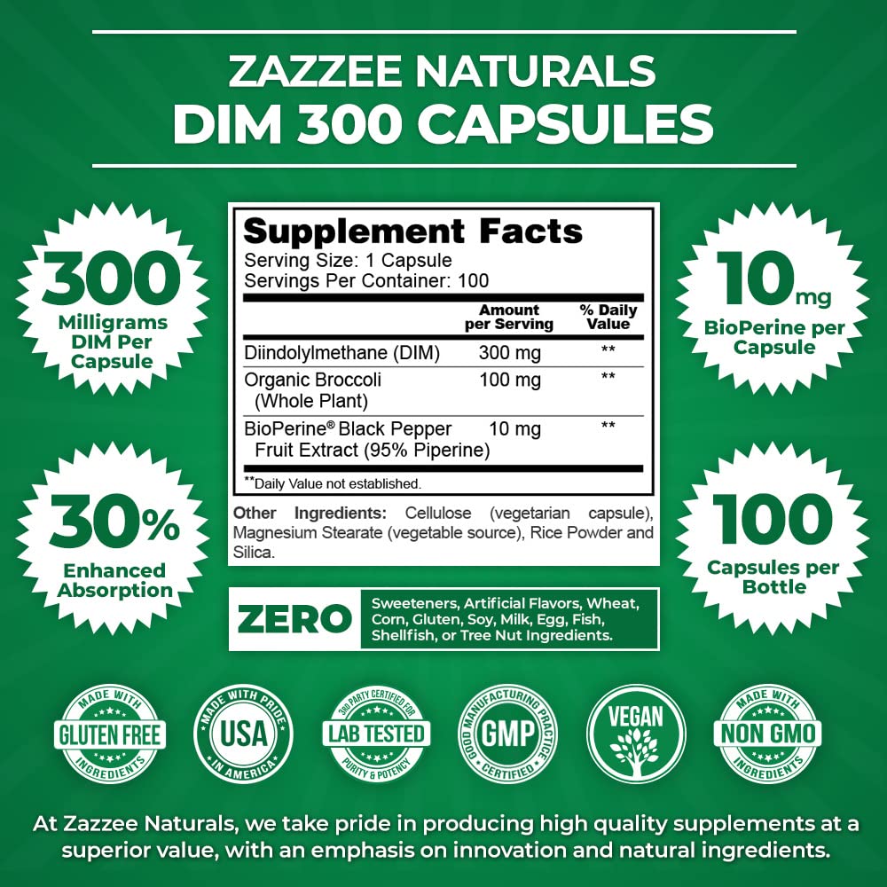 Zazzee Extra Strength DIM 300, 10 mg BioPerine and 300 mg DIM per Capsule, 100 Vegan - Maple Wellness Supplements