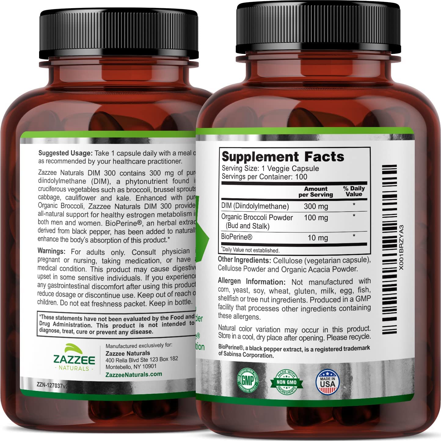 Zazzee Extra Strength DIM 300, 10 mg BioPerine and 300 mg DIM per Capsule, 100 Vegan - Maple Wellness Supplements