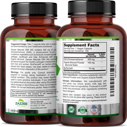Zazzee Extra Strength DIM 300, 10 mg BioPerine and 300 mg DIM per Capsule, 100 Vegan - Maple Wellness Supplements