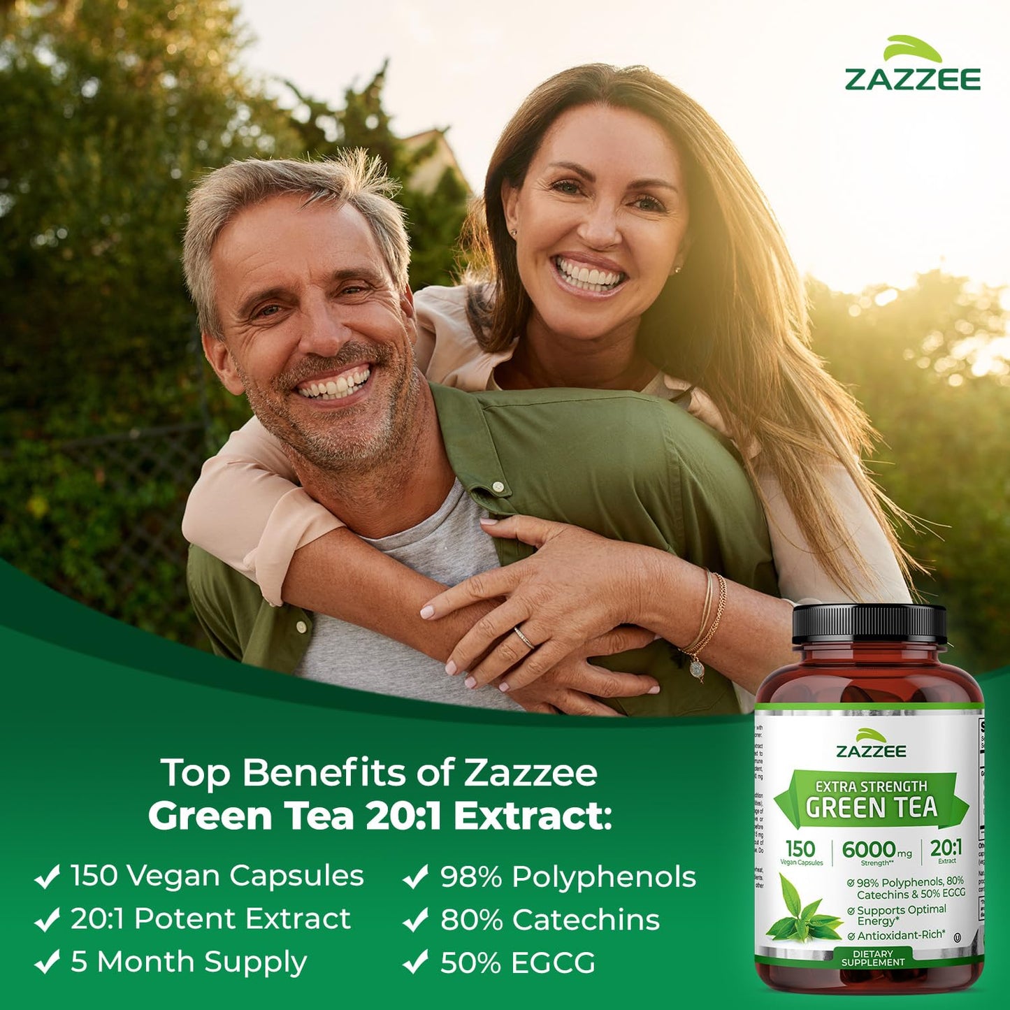 Zazzee Extra Strength Green Tea 20:1 Extract, 50% EGCG, 98% Polyphenols, 80% Catechins, 150 Vegan Capsules, 5 Month Supply, Certified Kosher - Maple Wellness Supplements