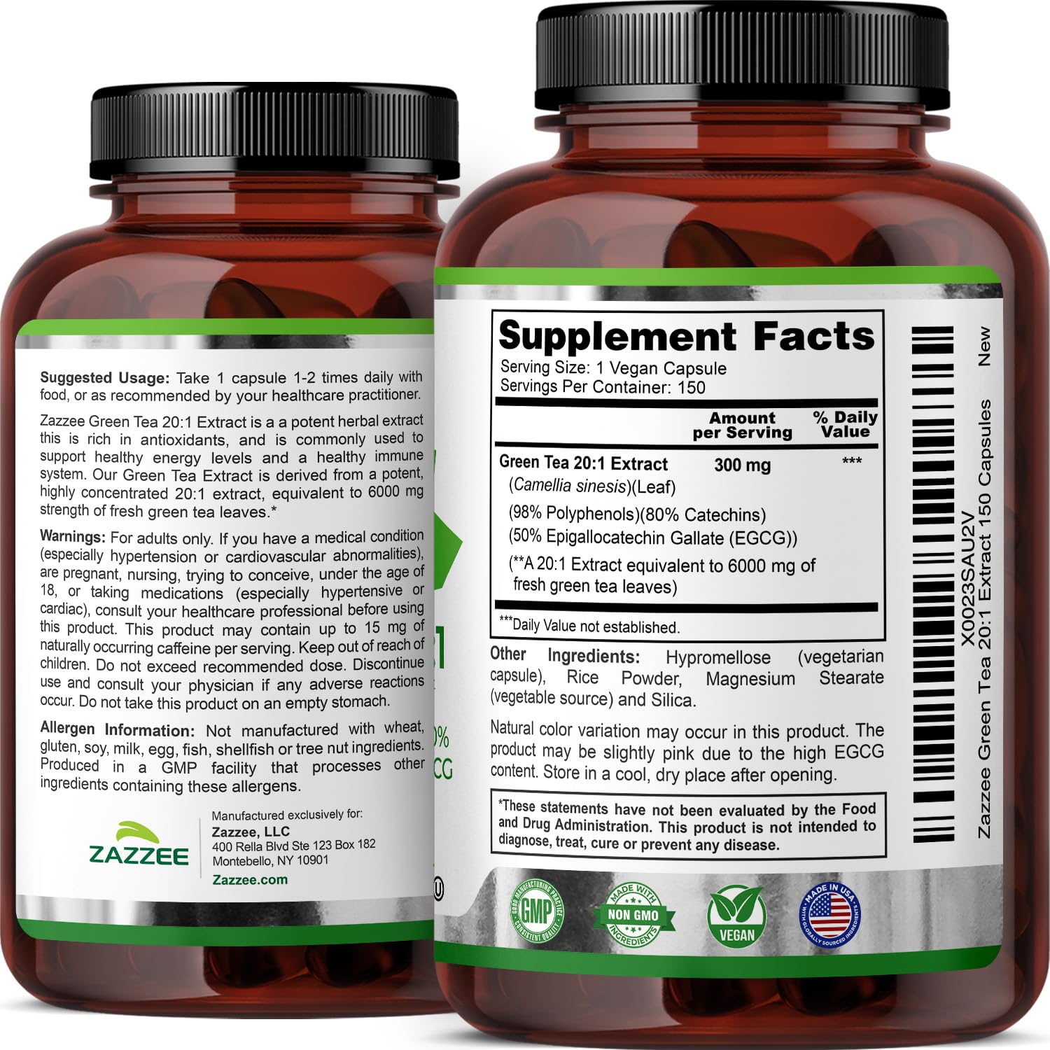 Zazzee Extra Strength Green Tea 20:1 Extract, 50% EGCG, 98% Polyphenols, 80% Catechins, 150 Vegan Capsules, 5 Month Supply, Certified Kosher - Maple Wellness Supplements
