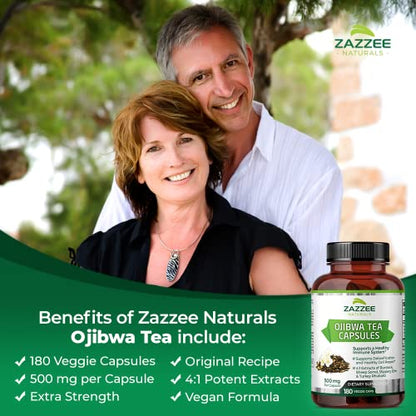 Zazzee Extra Strength Ojibwa Tea 500 mg, 180 Vegan Capsules, Rene Caisse's Original - Maple Wellness Supplements