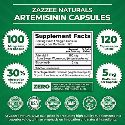 Zazzee High Absorption Artemisinin, 100 mg per Capsule, 120 Vegan Capsules, with 5 mg - Maple Wellness Supplements