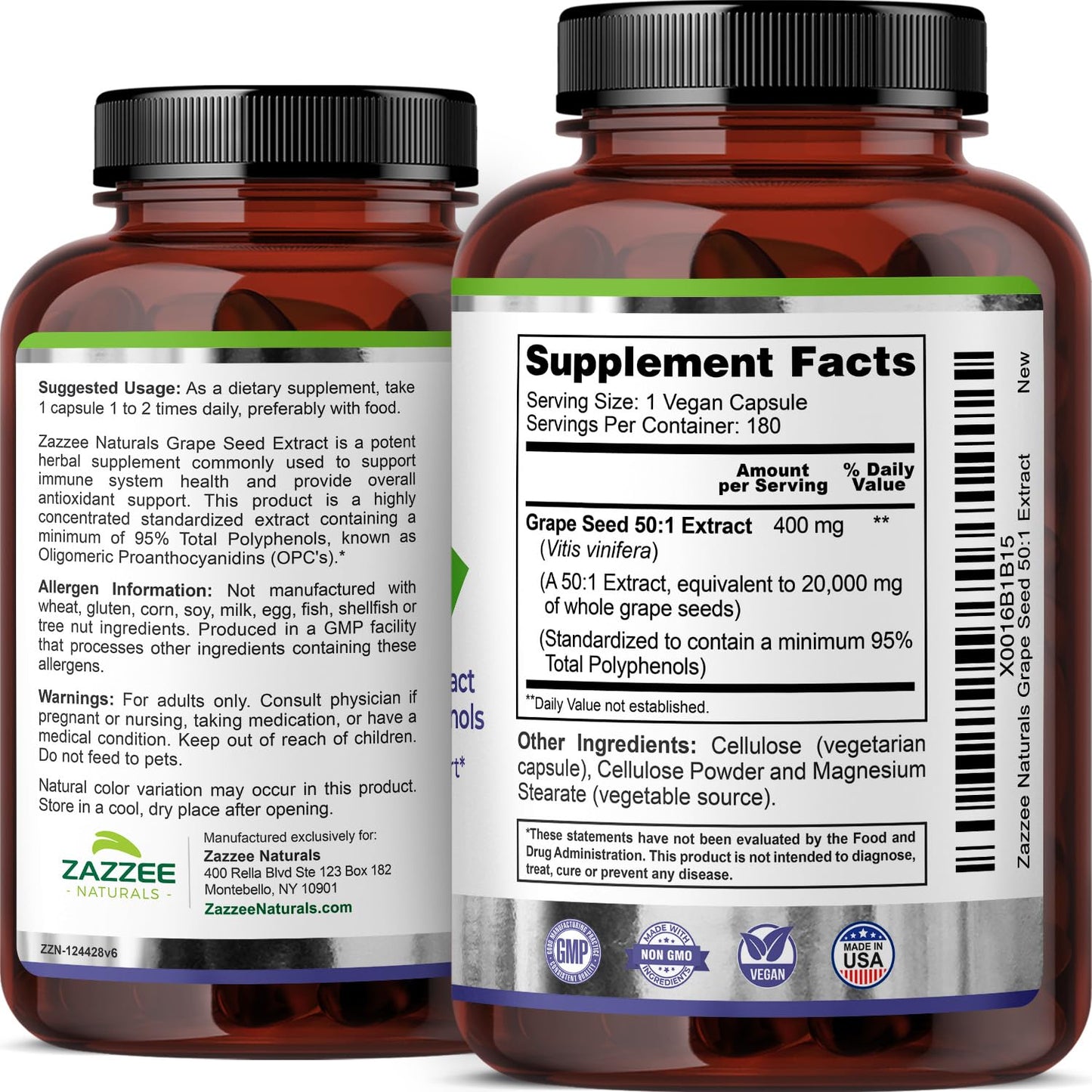 Zazzee High Strength Grape Seed 50:1 Extract, 180 Vegan Capsules, 95% Polyphenols, 400 mg per Capsule, 6 Month Supply, Antioxidant - Maple Wellness Supplements
