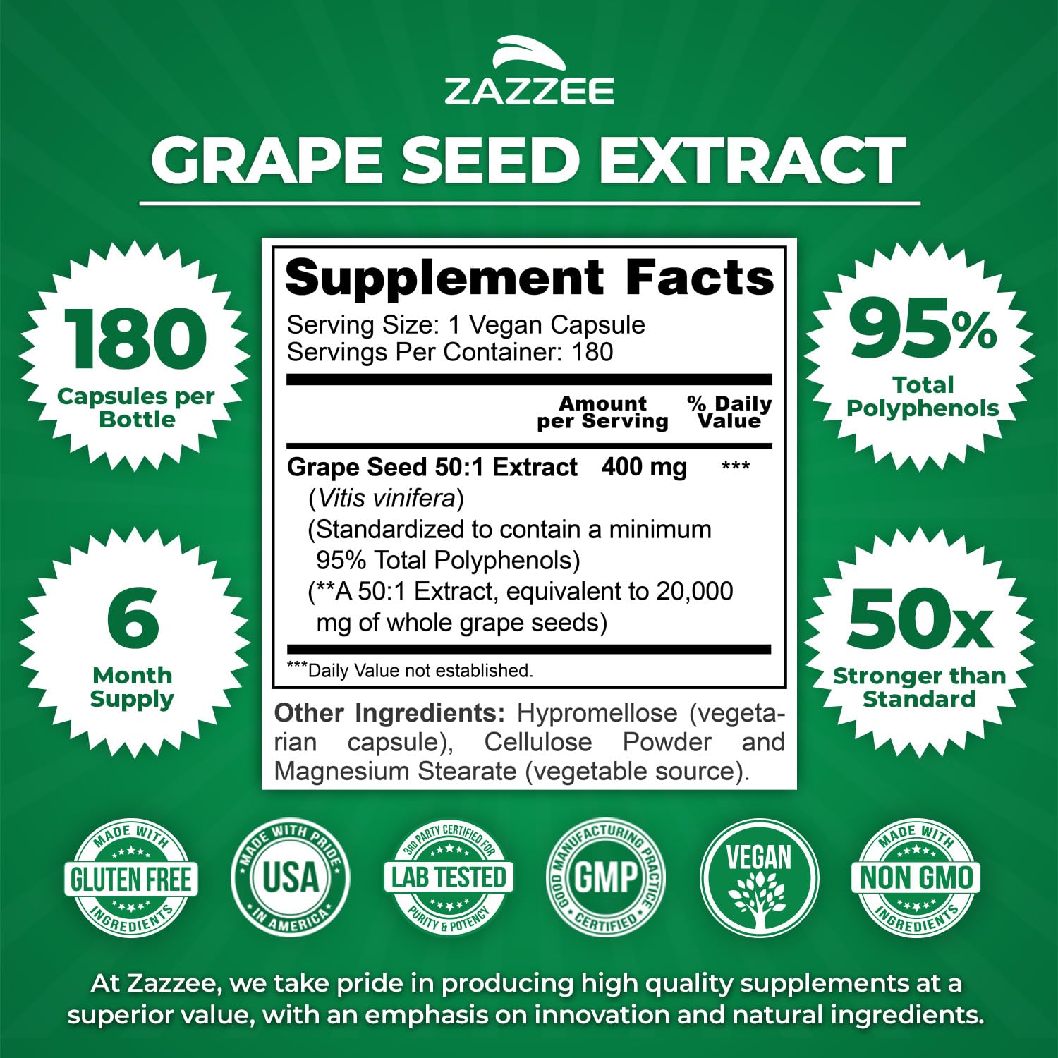Zazzee High Strength Grape Seed 50:1 Extract, 180 Vegan Capsules, 95% Polyphenols, 400 mg per Capsule, 6 Month Supply, Antioxidant - Maple Wellness Supplements