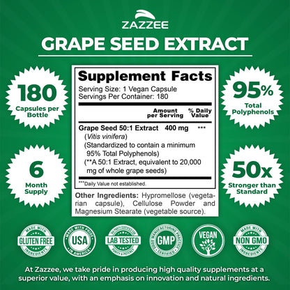 Zazzee High Strength Grape Seed 50:1 Extract, 180 Vegan Capsules, 95% Polyphenols, 400 mg per Capsule, 6 Month Supply, Antioxidant - Maple Wellness Supplements