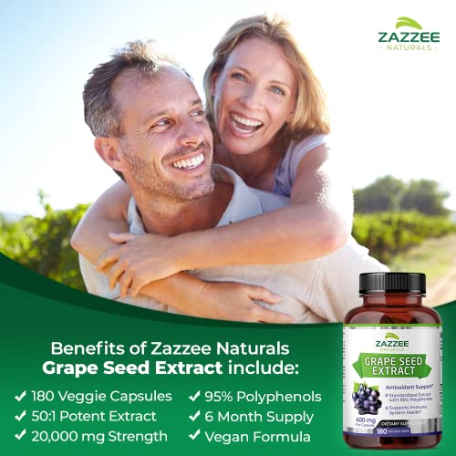 Zazzee High Strength Grape Seed 50:1 Extract, 20,000 mg Strength, 180 Vegan Capsules - Maple Wellness Supplements