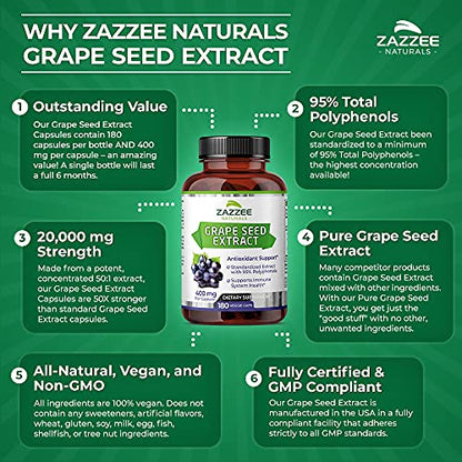 Zazzee High Strength Grape Seed 50:1 Extract, 20,000 mg Strength, 180 Vegan Capsules - Maple Wellness Supplements