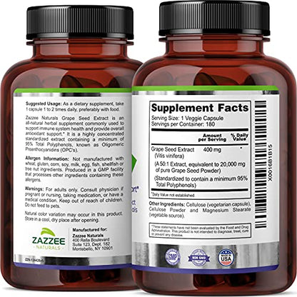 Zazzee High Strength Grape Seed 50:1 Extract, 20,000 mg Strength, 180 Vegan Capsules - Maple Wellness Supplements