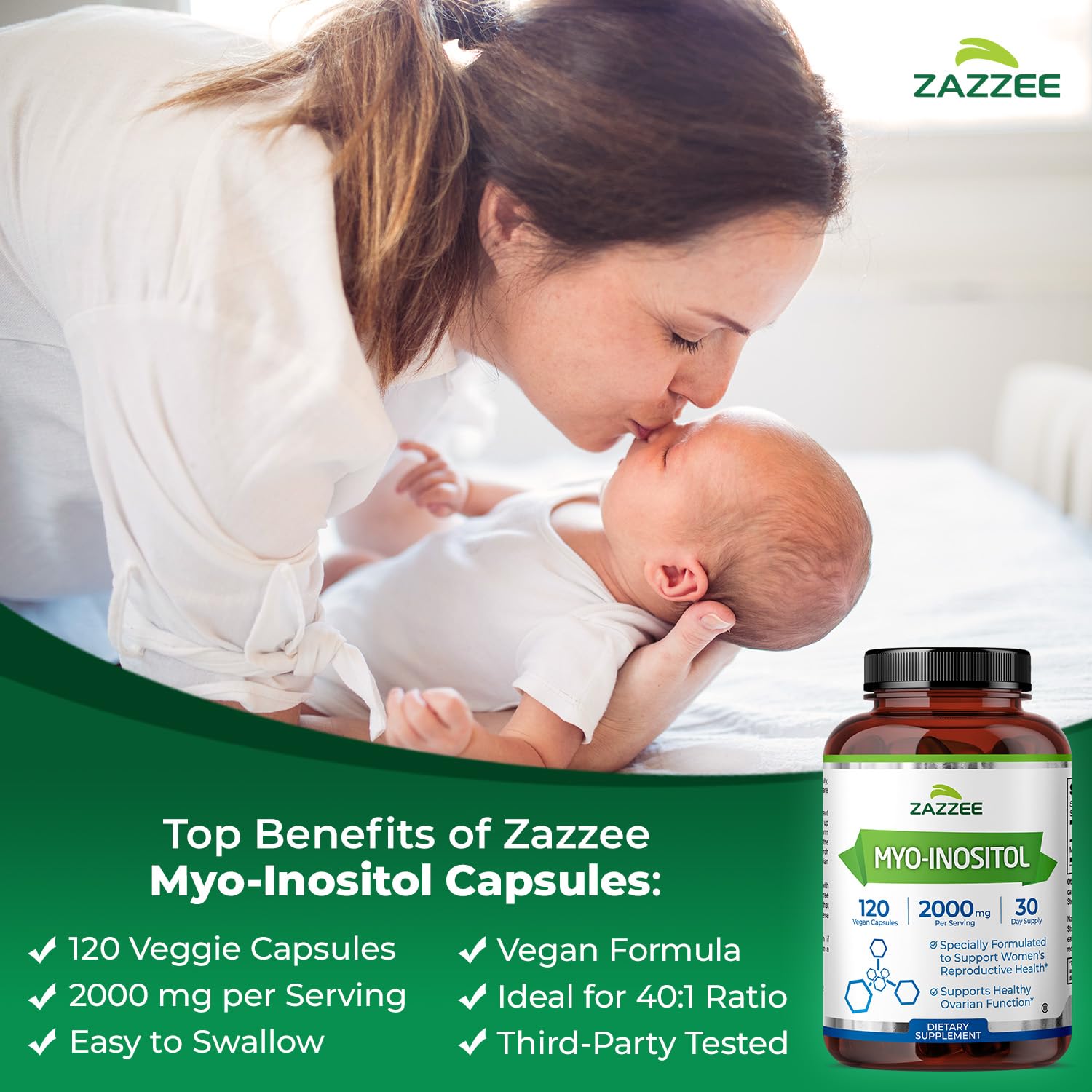 Zazzee Myo-Inositol Capsules, 2000 mg per Serving, 120 Vegan Capsules, Ideal Dosage for 40:1 Ratio, Certified Kosher, Hormone Balance & Healthy Ovarian - Maple Wellness Supplements