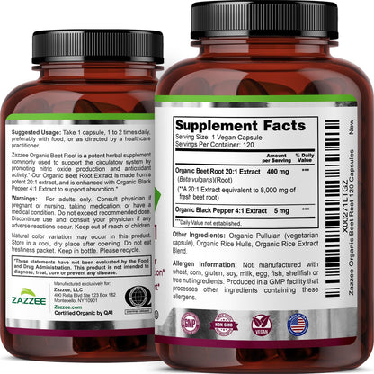 Zazzee USDA Organic Beet Root 20:1 Extract, 120 Vegan Quick Release Capsules, 4 Month Supply, Nitric Oxide Support, Black Pepper Extract for Enhanced Absorption - Maple Wellness Supplements