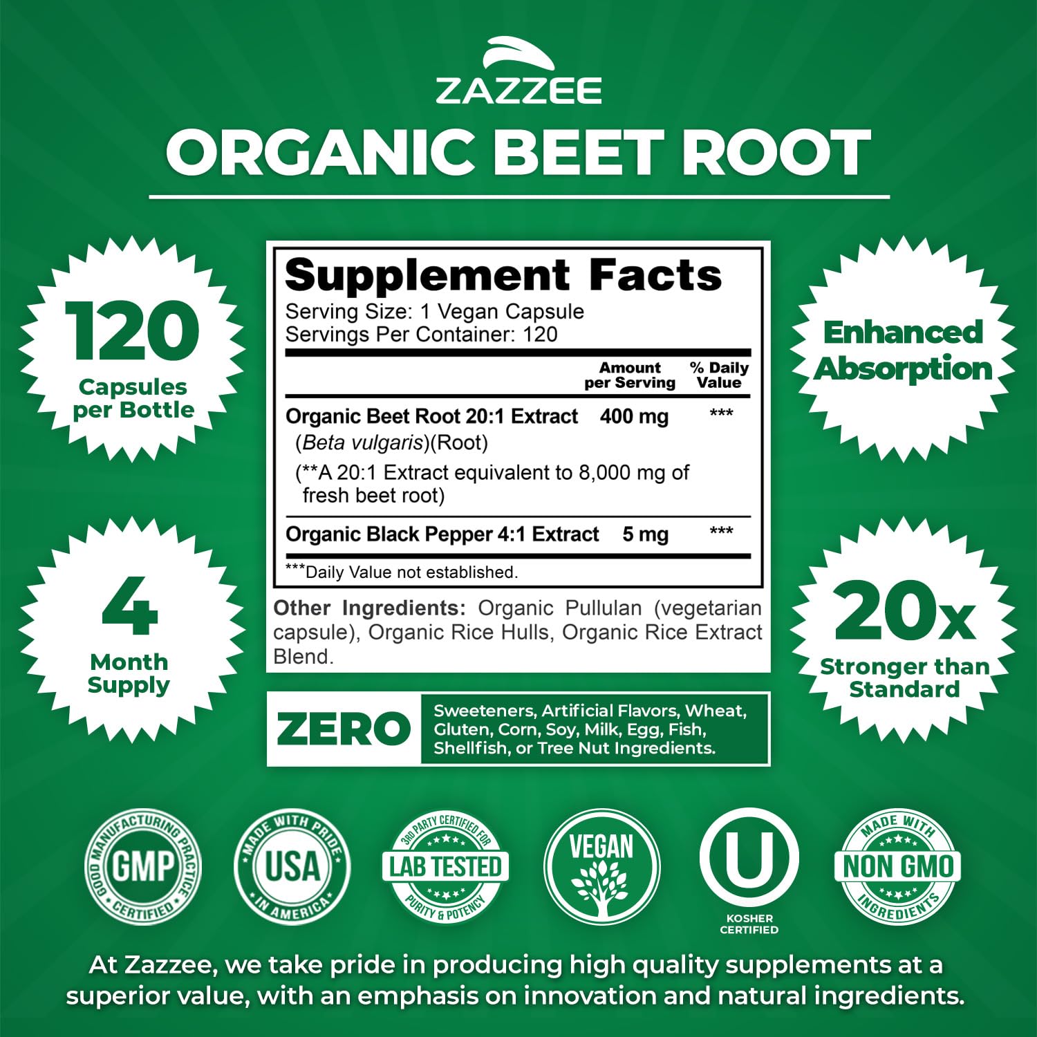 Zazzee USDA Organic Beet Root 20:1 Extract, 120 Vegan Quick Release Capsules, 4 Month Supply, Nitric Oxide Support, Black Pepper Extract for Enhanced Absorption - Maple Wellness Supplements