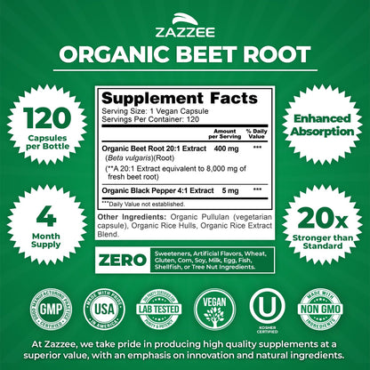 Zazzee USDA Organic Beet Root 20:1 Extract, 120 Vegan Quick Release Capsules, 4 Month Supply, Nitric Oxide Support, Black Pepper Extract for Enhanced Absorption - Maple Wellness Supplements