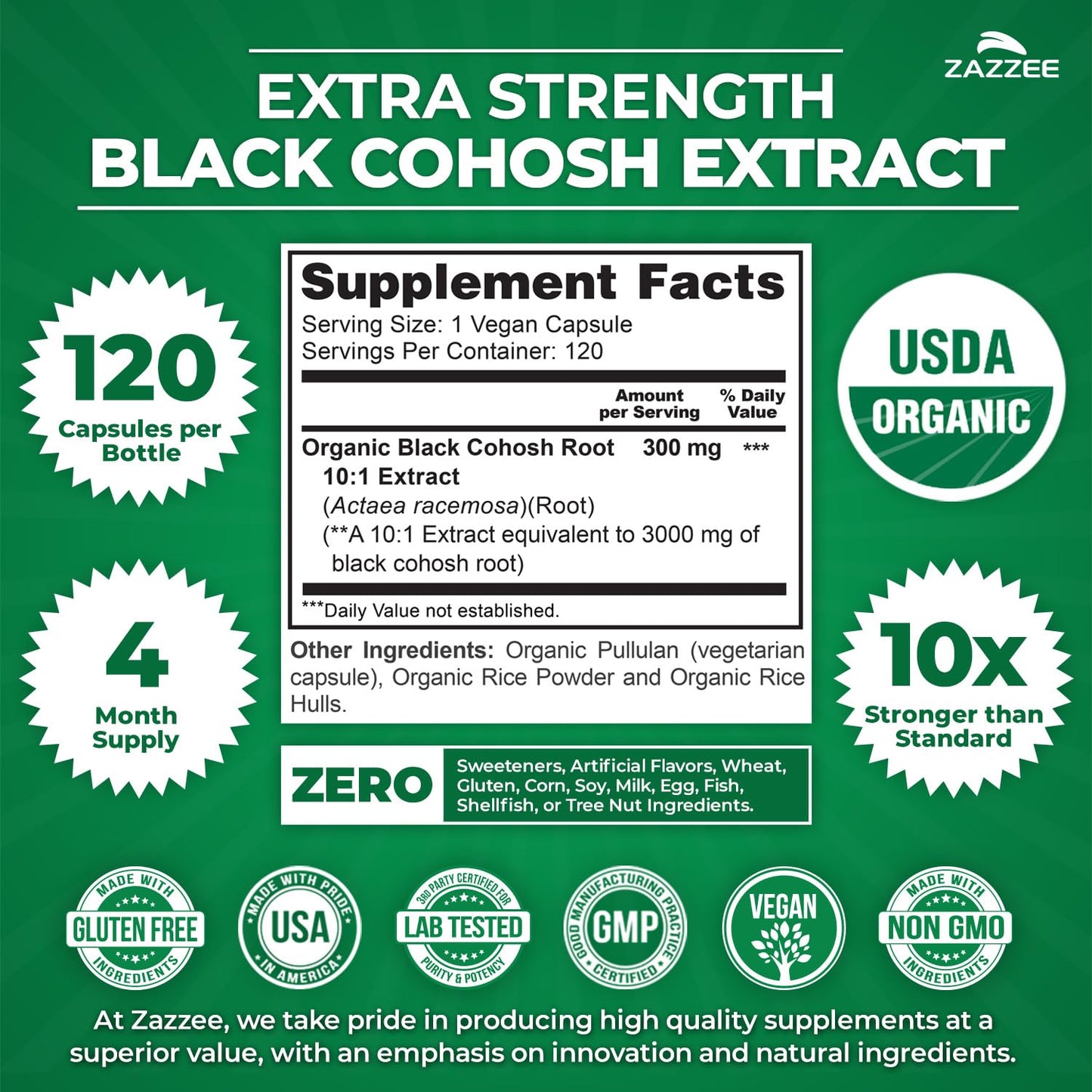 Zazzee USDA Organic Black Cohosh 10:1 Extract, 120 Vegan Capsules, 4 Month Supply, Actaea Racemosa, Women’s Health & Hormonal Balance Support, - Maple Wellness Supplements