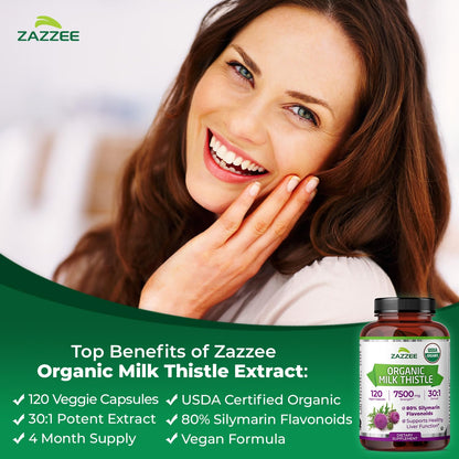 Zazzee USDA Organic Milk Thistle 30:1 Extract, 80% Silymarin, 120 Vegan Capsules, 4 Month Supply, Certified Kosher, High Potency Liver & Antioxidant Support - Maple Wellness Supplements