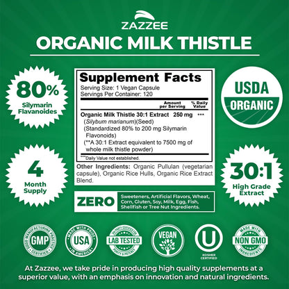 Zazzee USDA Organic Milk Thistle 30:1 Extract, 80% Silymarin, 120 Vegan Capsules, 4 Month Supply, Certified Kosher, High Potency Liver & Antioxidant Support - Maple Wellness Supplements