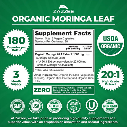 Zazzee USDA Organic Moringa Leaf 20:1 Extract, 180 Vegan Capsules, 3 Month Supply, Certified Kosher, Moringa Oleifera, Antioxidant, Immune & Cellular Support - Maple Wellness Supplements
