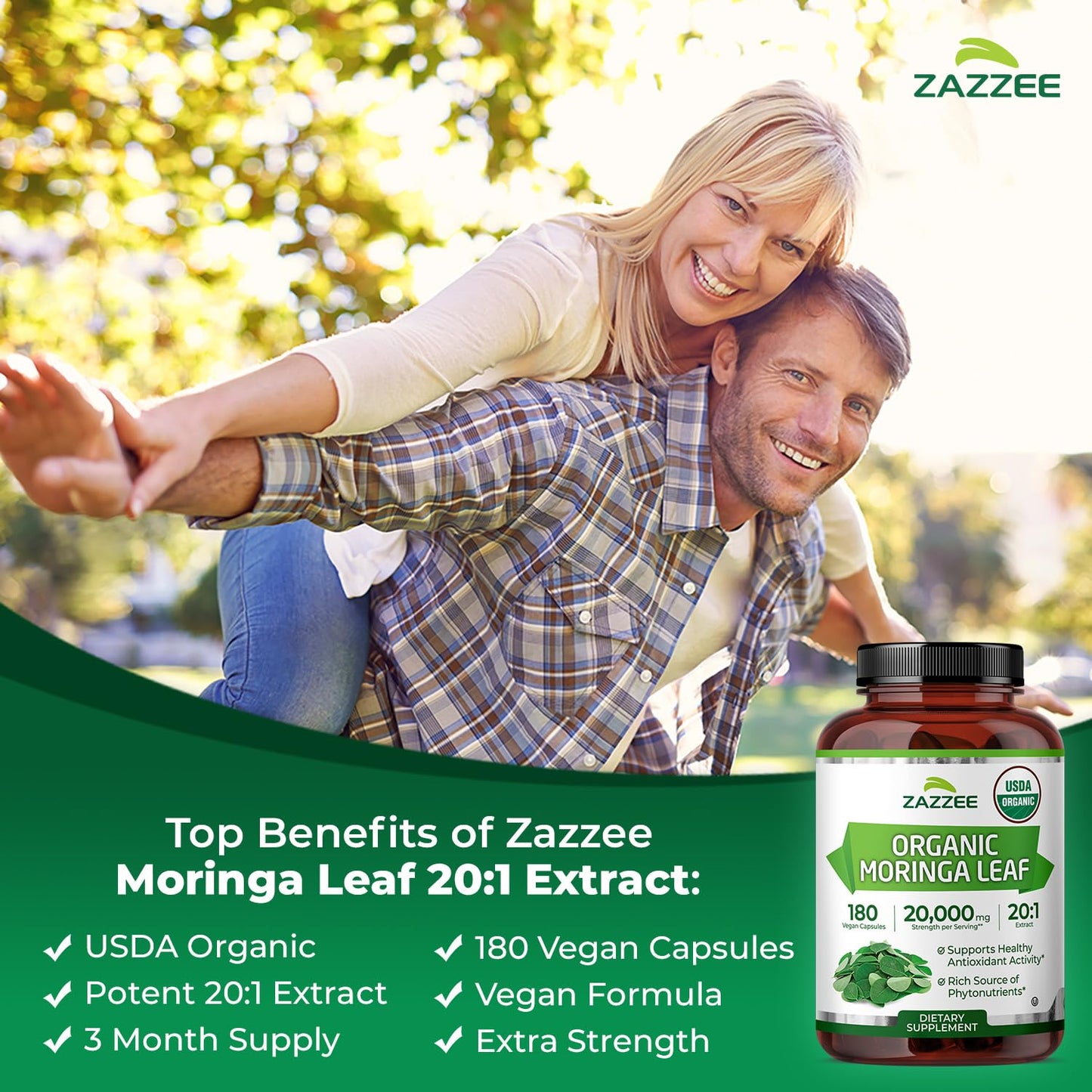 Zazzee USDA Organic Moringa Leaf 20:1 Extract, 180 Vegan Capsules, 3 Month Supply, Certified Kosher, Moringa Oleifera, Antioxidant, Immune & Cellular Support - Maple Wellness Supplements