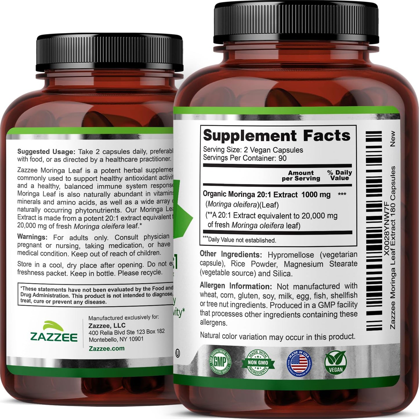 Zazzee USDA Organic Moringa Leaf 20:1 Extract, 180 Vegan Capsules, 3 Month Supply, Certified Kosher, Moringa Oleifera, Antioxidant, Immune & Cellular Support - Maple Wellness Supplements