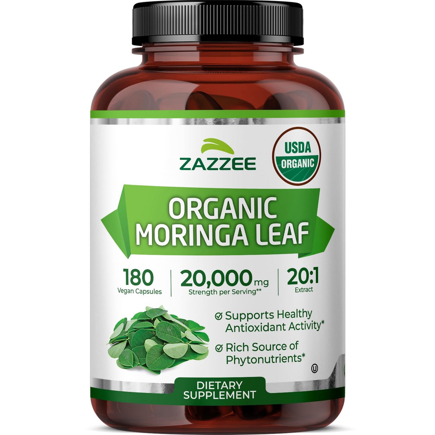 Zazzee USDA Organic Moringa Leaf 20:1 Extract, 180 Vegan Capsules, 3 Month Supply, Certified Kosher, Moringa Oleifera, Antioxidant, Immune & Cellular Support - Maple Wellness Supplements