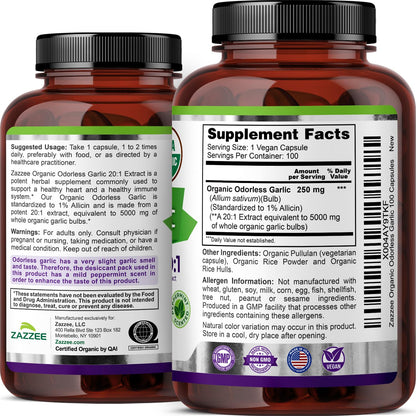 Zazzee USDA Organic Odorless Garlic 20:1 Extract, 1% Allicin, 100 Vegan Capsules, 3+ Month Supply, Allium Sativum, Immune, Circulation & Heart Health Support - Maple Wellness Supplements