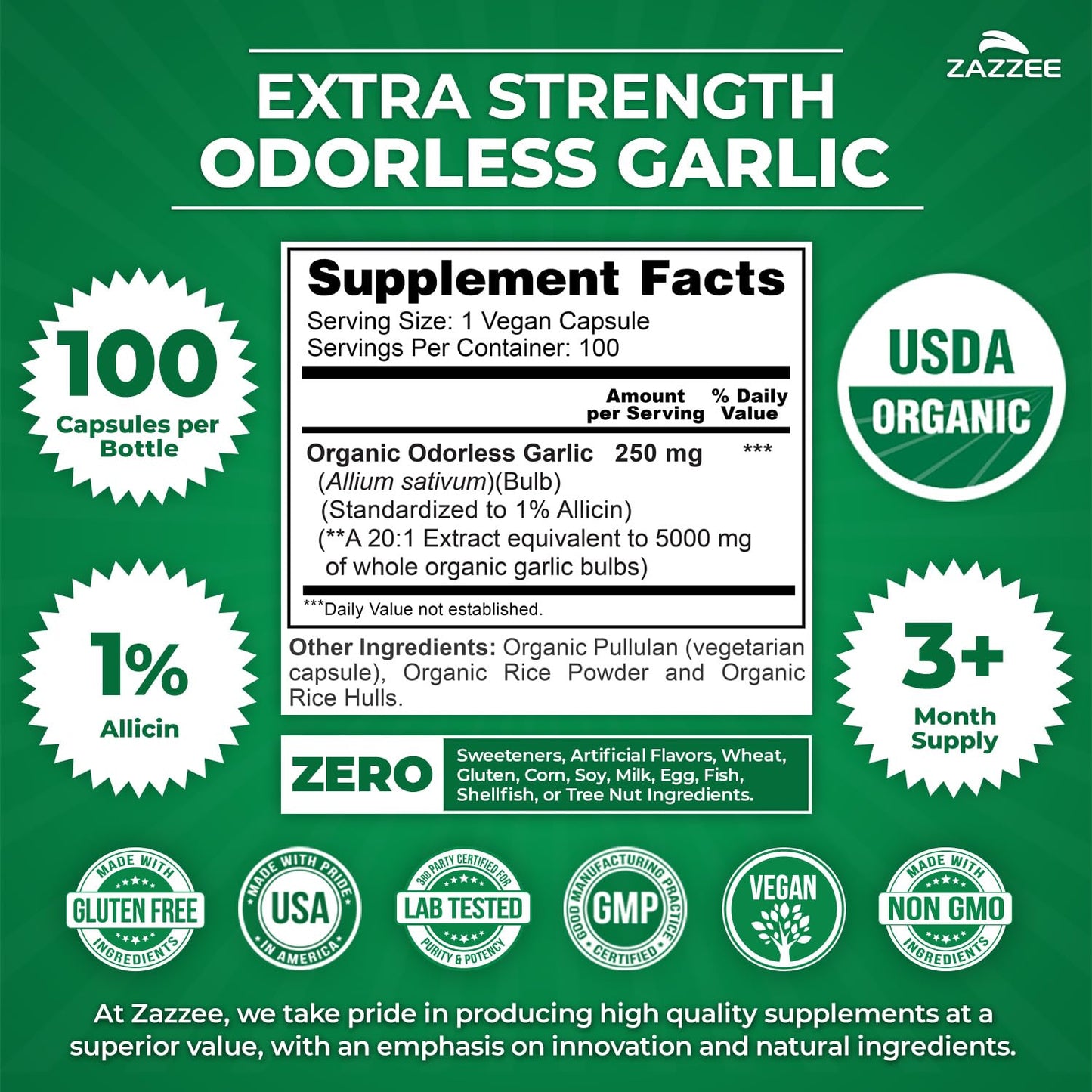 Zazzee USDA Organic Odorless Garlic 20:1 Extract, 1% Allicin, 100 Vegan Capsules, 3+ Month Supply, Allium Sativum, Immune, Circulation & Heart Health Support - Maple Wellness Supplements