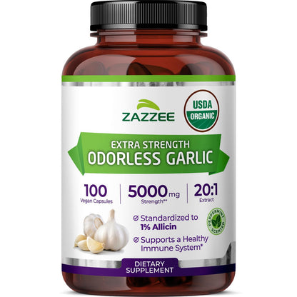 Zazzee USDA Organic Odorless Garlic 20:1 Extract, 1% Allicin, 100 Vegan Capsules, 3+ Month Supply, Allium Sativum, Immune, Circulation & Heart Health Support - Maple Wellness Supplements
