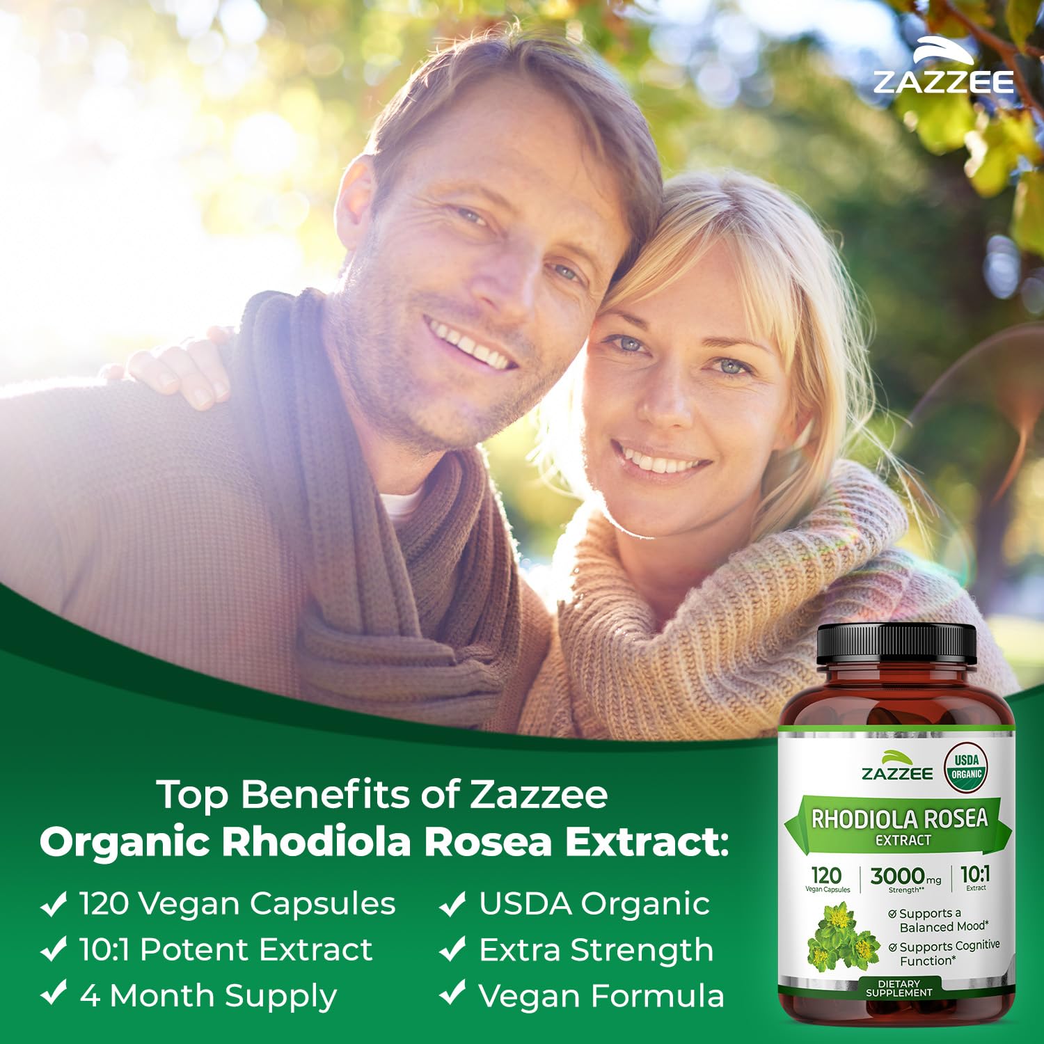 Zazzee USDA Organic Rhodiola 10:1 Extract, 120 Capsules, 4 Month Supply, Rhodiola Rosea, Energy, Stress & Mental Focus Support, Concentrated 10X Extract - Maple Wellness Supplements