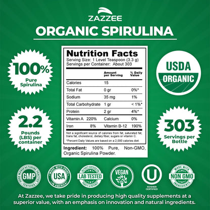 Zazzee USDA Organic Spirulina Powder, 2.2 Pounds (1 KG), 303 Servings, Certified Kosher, 100% Pure, Non-Irradiated, Mess-Free Wide Mouth Container, Fresh Smell and Neutral Taste, Non-GMO, Made in USA - Maple Wellness Supplements