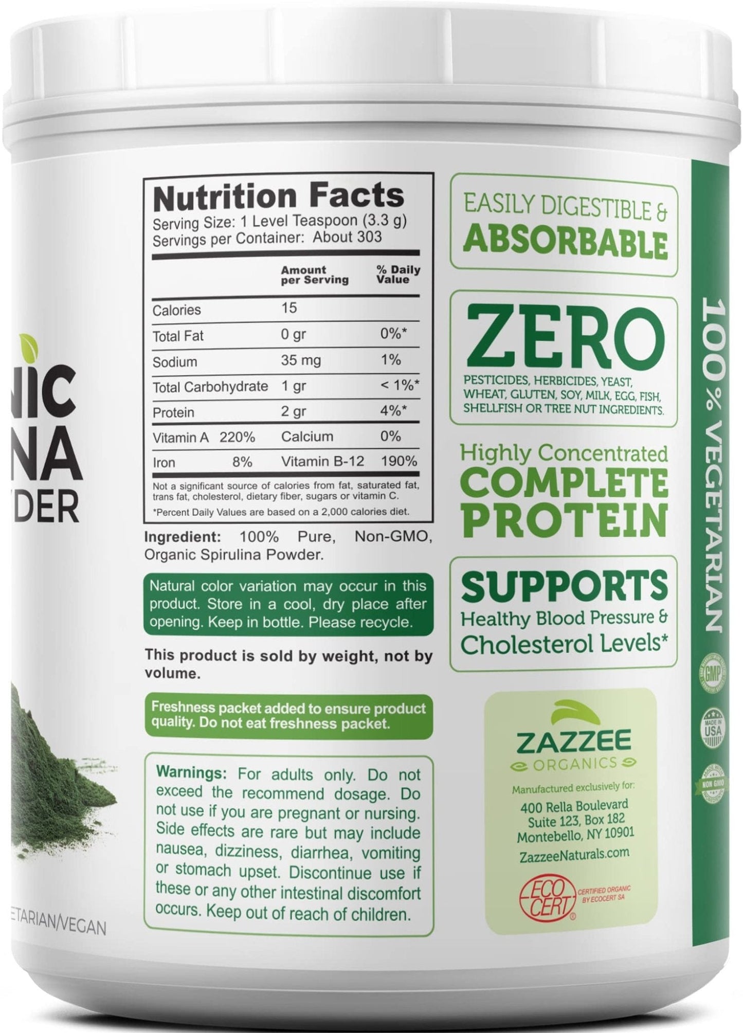 Zazzee USDA Organic Spirulina Powder, 2.2 Pounds (1 KG), 303 Servings, Certified Kosher, 100% Pure, Non-Irradiated, Mess-Free Wide Mouth Container, Fresh Smell and Neutral Taste, Non-GMO, Made in USA - Maple Wellness Supplements