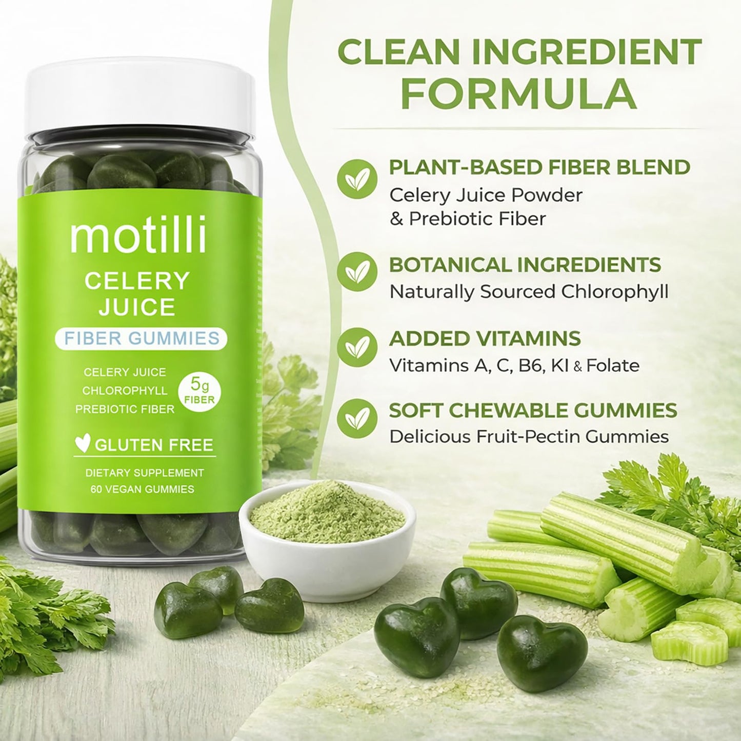 zdiwond Motilli Celery Juice Fiber Gummies, with Prebiotic Fiber and Botanical Ingredients, 60 Count - Maple Wellness Supplements