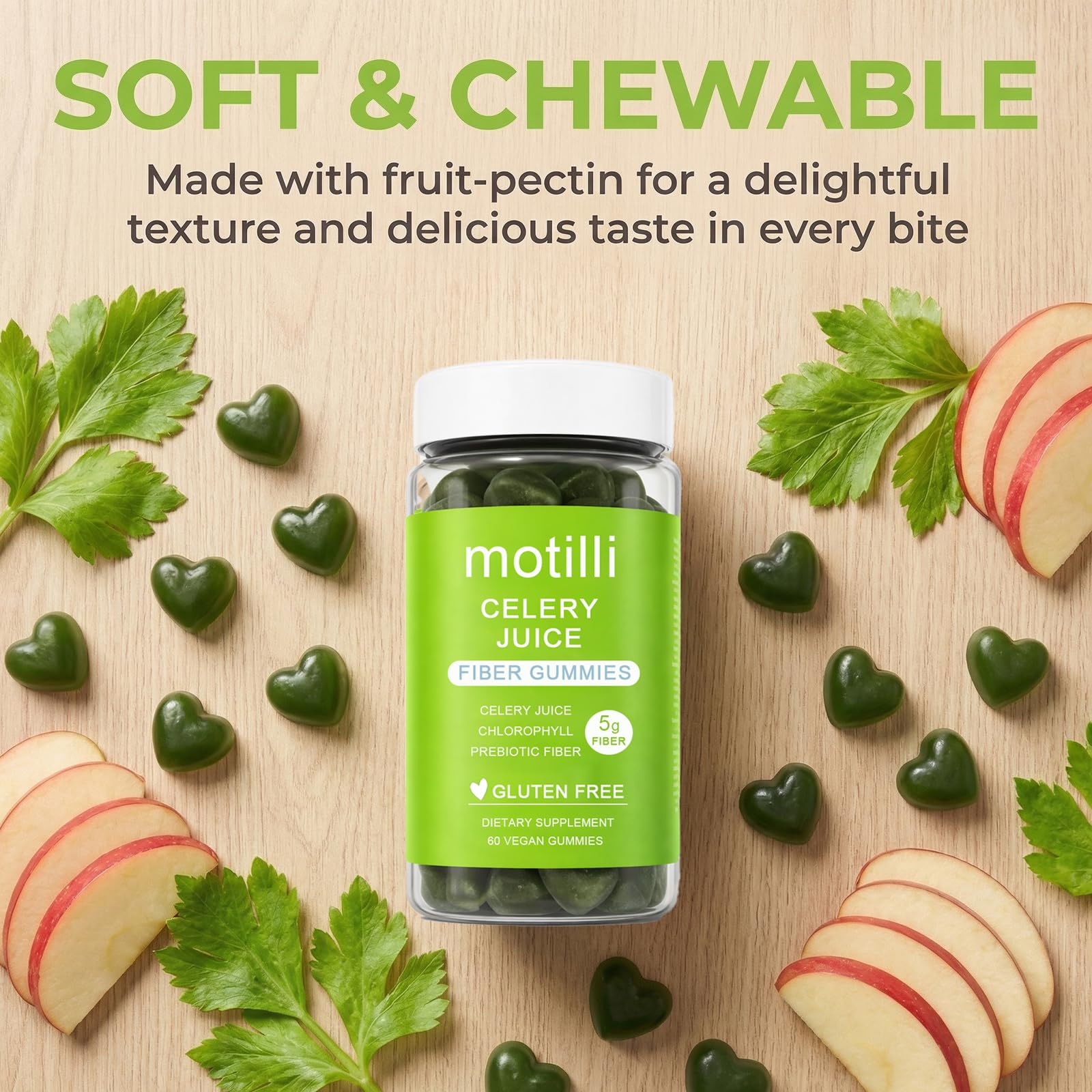 zdiwond Motilli Celery Juice Fiber Gummies, with Prebiotic Fiber and Botanical Ingredients, 60 Count - Maple Wellness Supplements