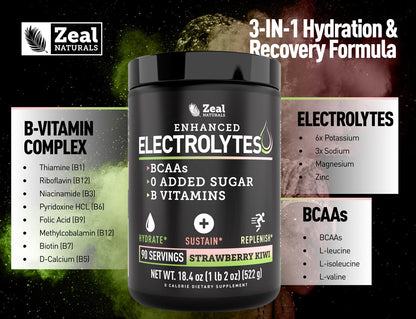 Zeal Electrolyte Powder - 90 Servings | Keto Electrolytes Powder | Zero Sugar, BCAAs, B-Vitamins | Potassium, Zinc, Magnesium - Maple Wellness Supplements
