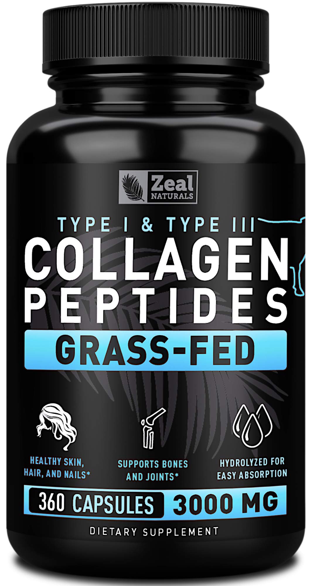 Zeal Naturals Collagen Peptides Collagen Pills (360 Capsules) Grass Fed Collagen Pepetide Powder - Hydrolyzed Collagen Powder for JointTendon SupplementHair Skin and Nails - Maple Wellness Supplements