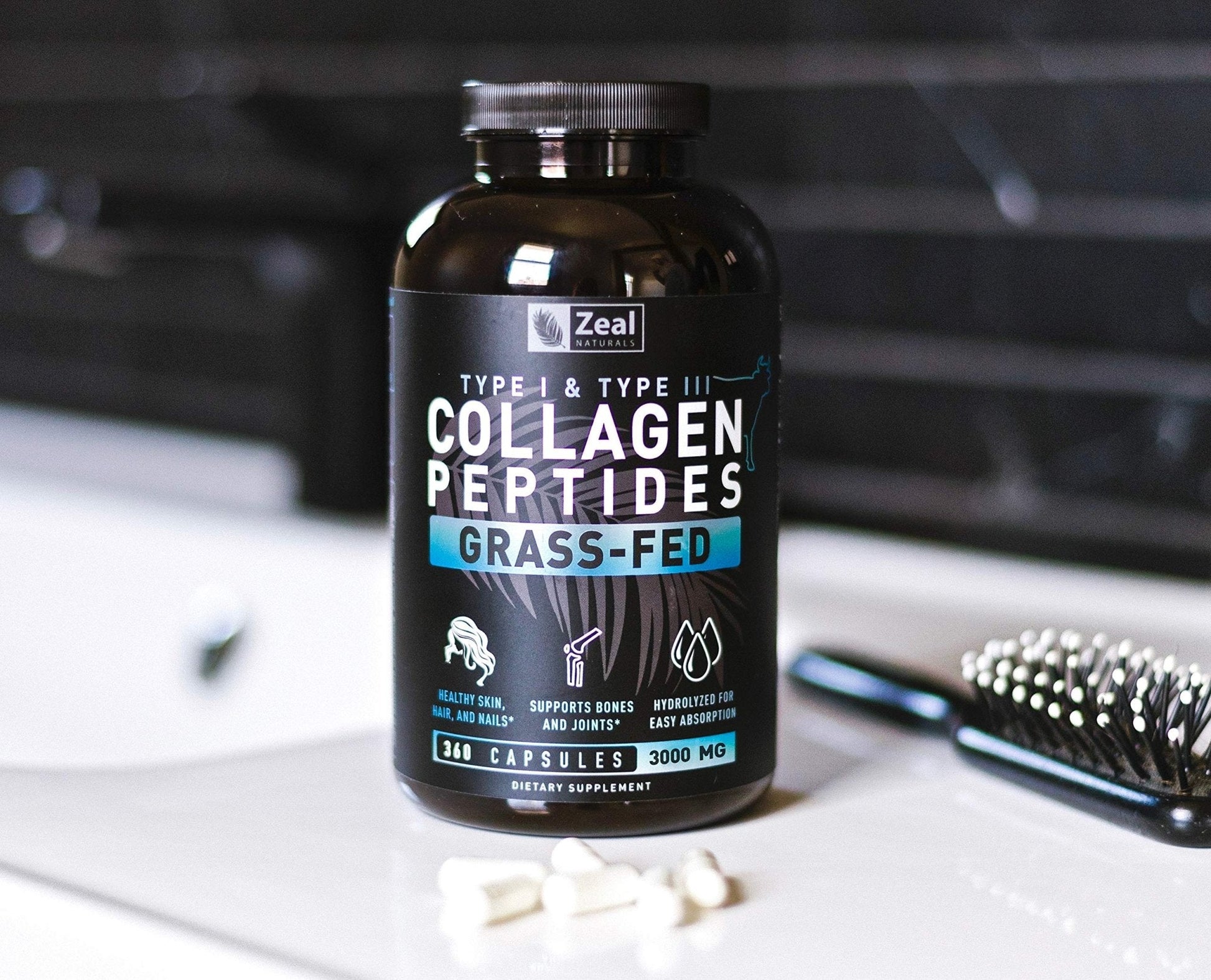 Zeal Naturals Collagen Peptides Collagen Pills (360 Capsules) Grass Fed Collagen Pepetide Powder - Hydrolyzed Collagen Powder for JointTendon SupplementHair Skin and Nails - Maple Wellness Supplements