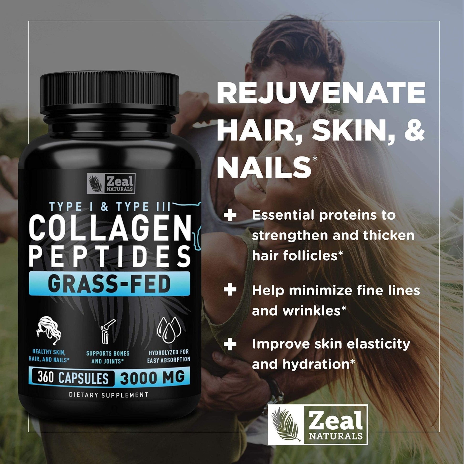 Zeal Naturals Collagen Peptides Collagen Pills (360 Capsules) Grass Fed Collagen Pepetide Powder - Hydrolyzed Collagen Powder for JointTendon SupplementHair Skin and Nails - Maple Wellness Supplements