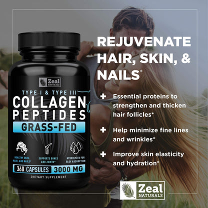 Zeal Naturals Collagen Peptides Collagen Pills (360 Capsules) Grass Fed Collagen Pepetide Powder - Hydrolyzed Collagen Powder for JointTendon SupplementHair Skin and Nails - Maple Wellness Supplements
