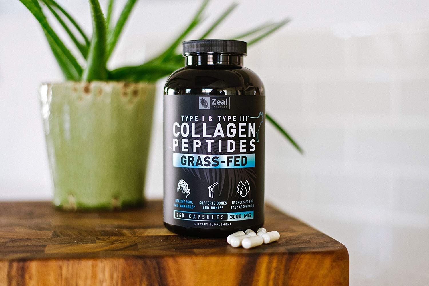 Zeal Naturals Collagen Peptides Collagen Pills (360 Capsules) Grass Fed Collagen Pepetide Powder - Hydrolyzed Collagen Powder for JointTendon SupplementHair Skin and Nails - Maple Wellness Supplements