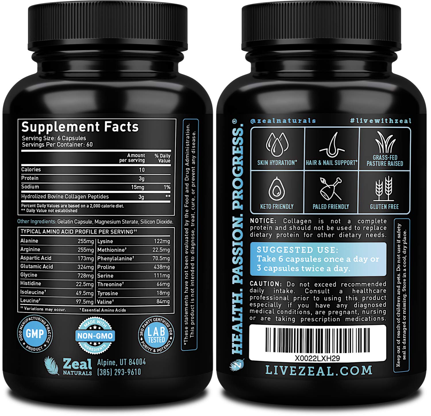 Zeal Naturals Collagen Peptides Collagen Pills (360 Capsules) Grass Fed Collagen Pepetide Powder - Hydrolyzed Collagen Powder for JointTendon SupplementHair Skin and Nails - Maple Wellness Supplements