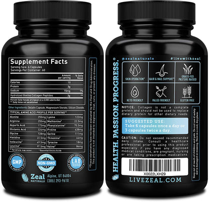 Zeal Naturals Collagen Peptides Collagen Pills (360 Capsules) Grass Fed Collagen Pepetide Powder - Hydrolyzed Collagen Powder for JointTendon SupplementHair Skin and Nails - Maple Wellness Supplements