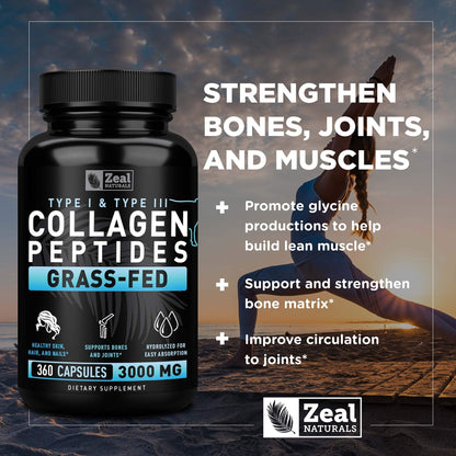 Zeal Naturals Collagen Peptides Collagen Pills (360 Capsules) Grass Fed Collagen Pepetide Powder - Hydrolyzed Collagen Powder for JointTendon SupplementHair Skin and Nails - Maple Wellness Supplements