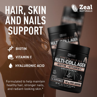 Zeal Naturals Multi Collagen Protein Peptides Powder Types I II III V X - Vitamin C, Biotin & Hyaluronic Acid - Hair, Skin & Nails - Marine, Bovine, Chicken & Eggshell - Unflavored, 45 Servings - Maple Wellness Supplements